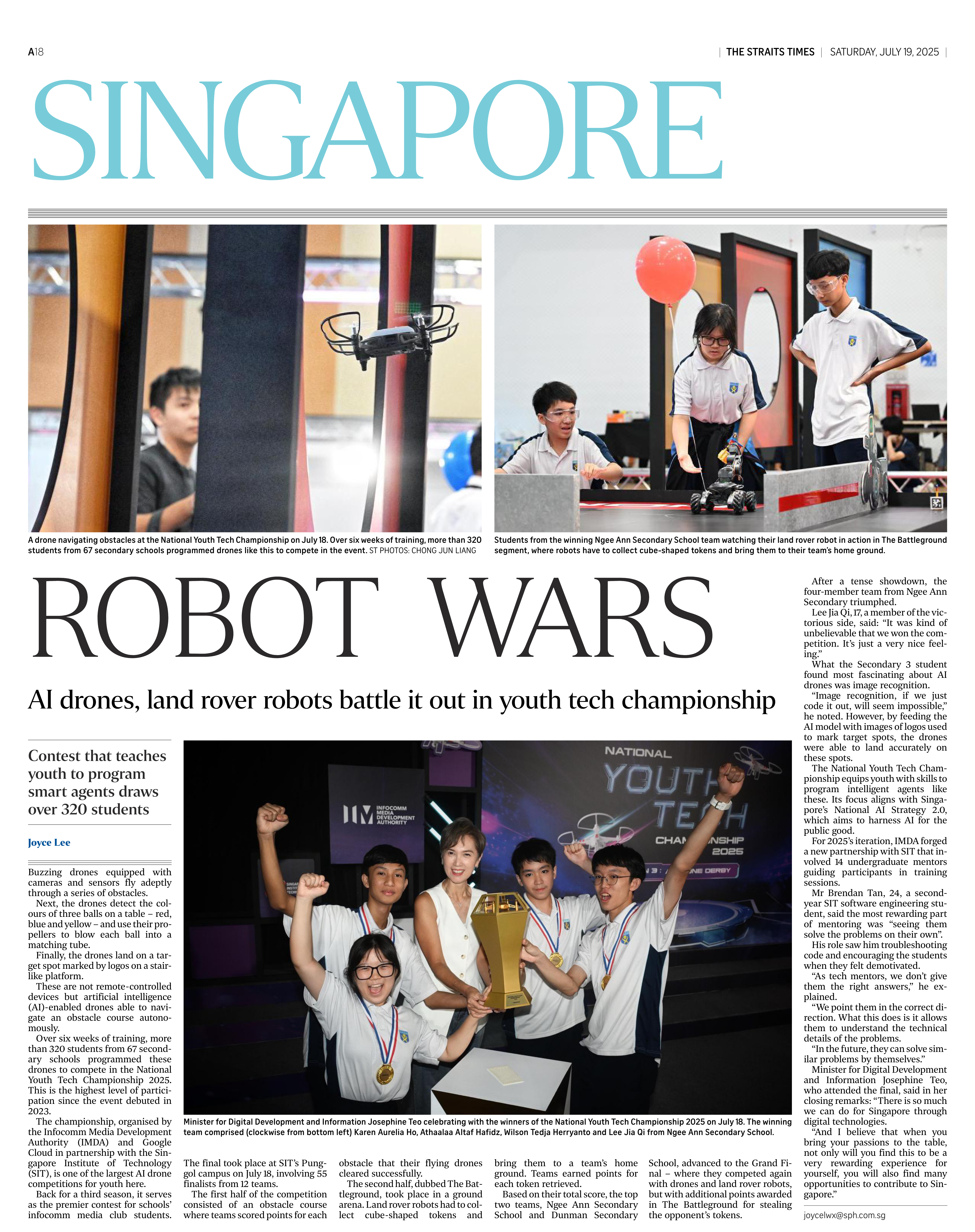 July 18 2025 Issue of The Straits Times. Page A18, section Singapore, Headline: "ROBOT WARS: AI drones, land rover robots battle it out in youth tech championship"