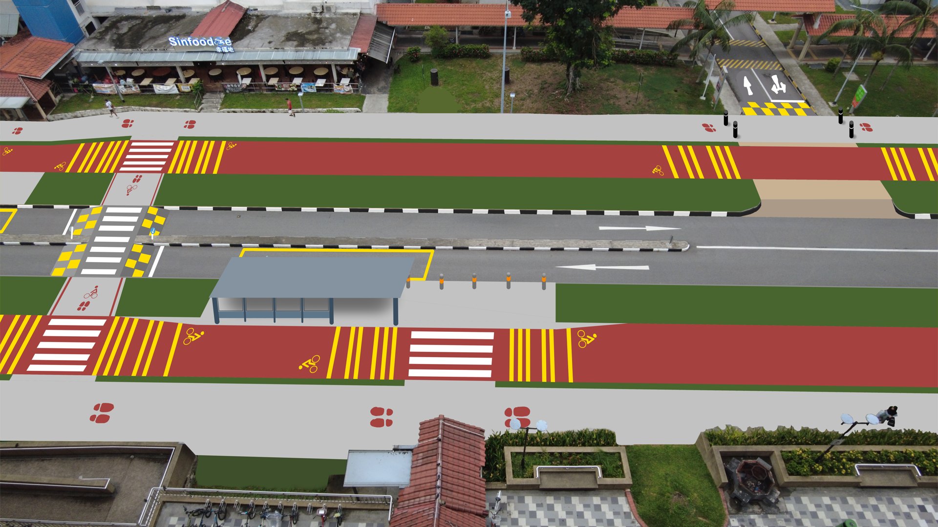 Bedok North Ave 2 redesign concept illustration. Includes wider footpaths and cycling paths being drawn on previous photography. CC-BY-SA 4.0